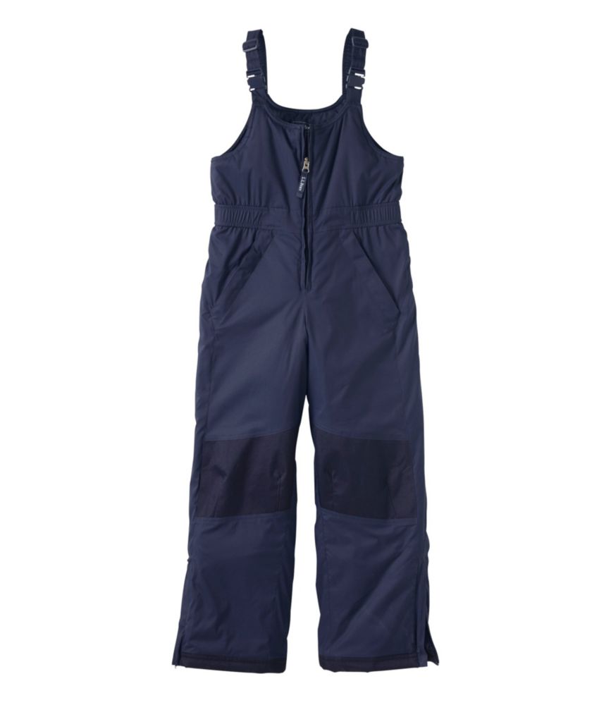 Children's navy insulated snow bib overalls with adjustable straps and reinforced knees, front view