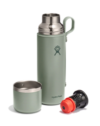 Insulated flask with matching cup and accessories displayed on white background