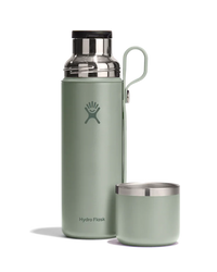 Insulated flask with matching cup, sage green color, stainless steel cap and rim