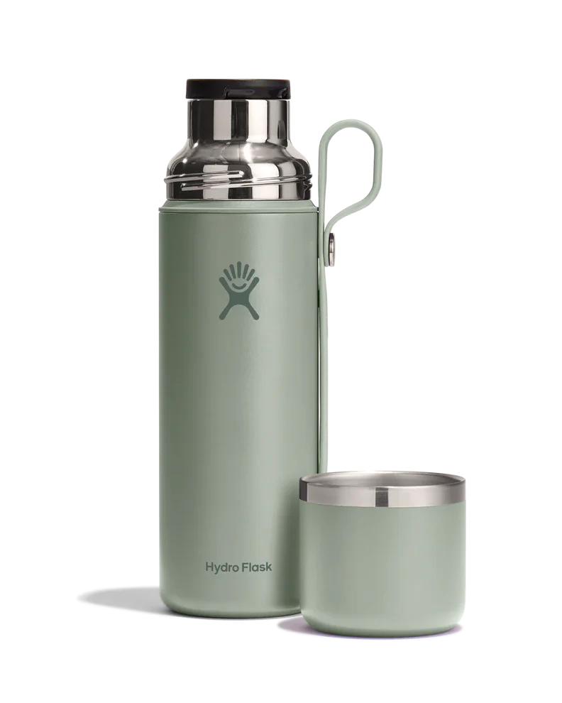 Insulated flask with matching cup, sage green color, stainless steel cap and rim