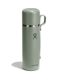 Insulated vacuum flask with cup-style lid and handle in sage green finish