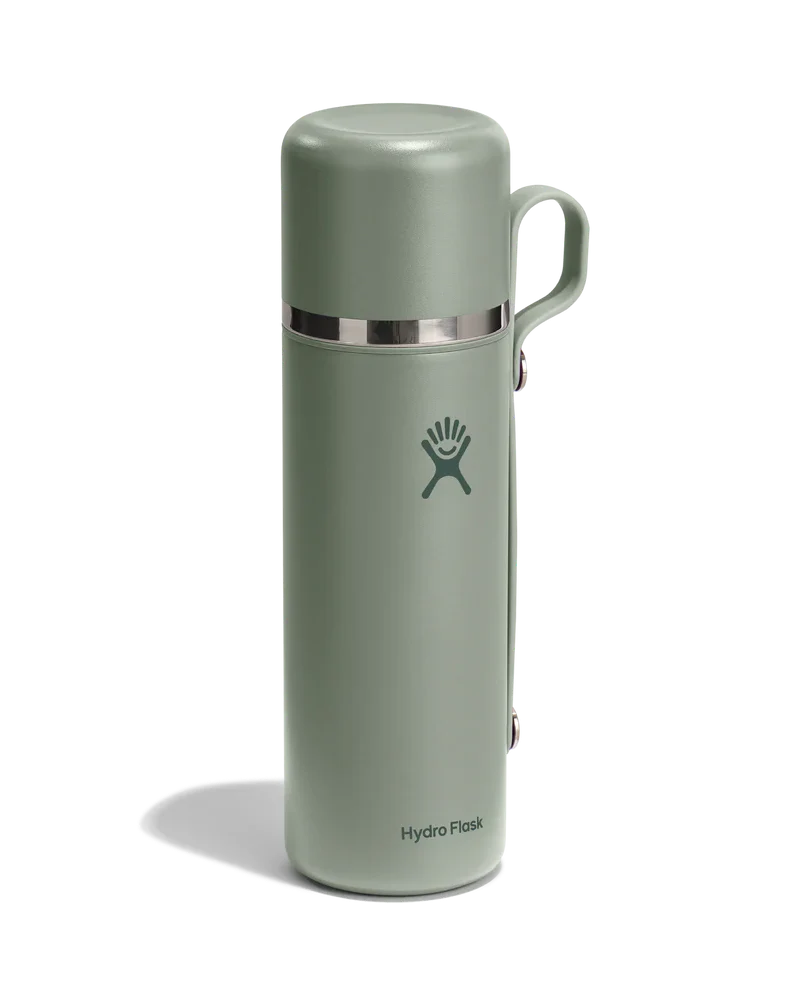 Insulated vacuum flask with cup-style lid and handle in sage green finish