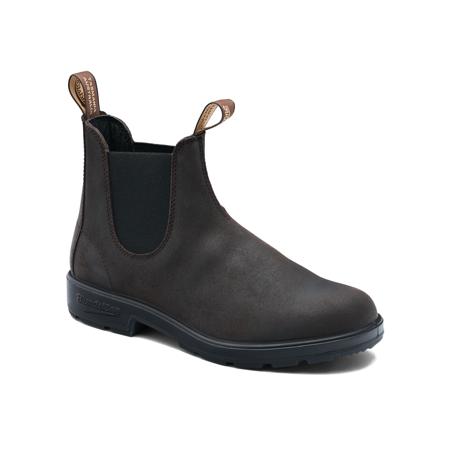 Chelsea boot in dark brown leather with elastic side panels and pull tabs, angled side view