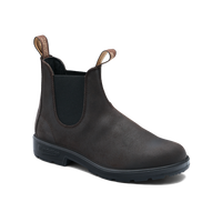 Chelsea boot in dark brown leather with elastic side panels and pull tabs, angled side view
