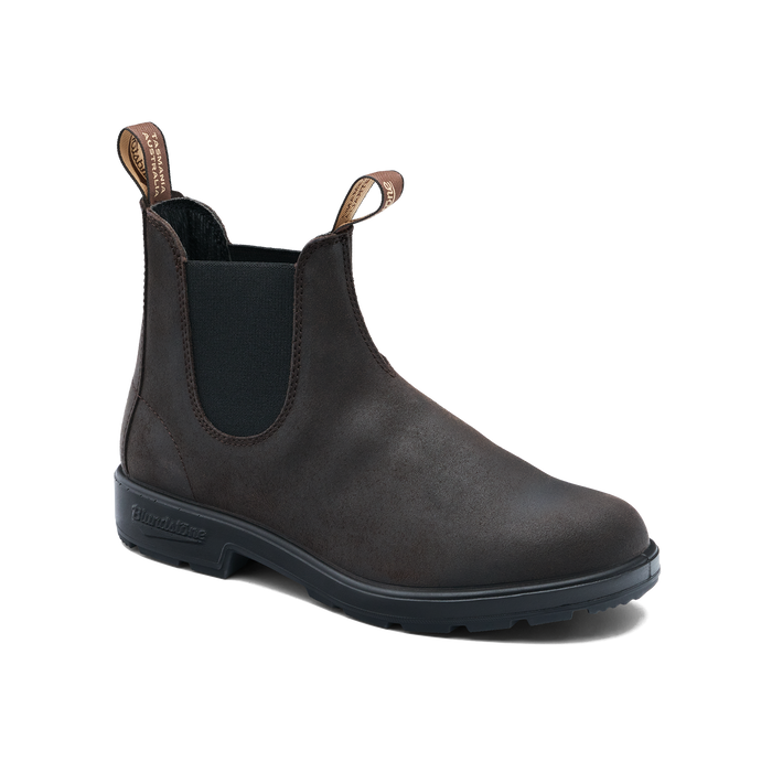 Chelsea boot in dark brown leather with elastic side panels and pull tabs, angled side view