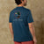 Man wearing heathered blue t-shirt with duck logo on back, shown from behind