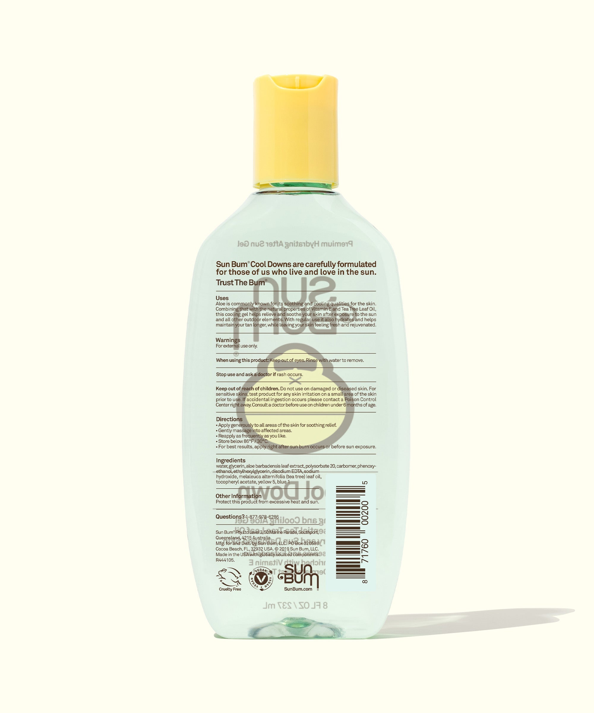 Clear gel bottle with yellow cap showing back label with product information and directions
