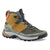 Mid-height hiking boot with golden brown upper, olive green lower, and black sole