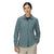 Women's long sleeve button-up sun shirt in sage green with chest pocket, front view