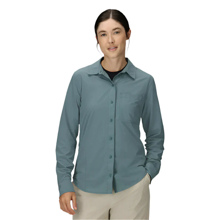 Women's long sleeve button-up sun shirt in sage green with chest pocket, front view