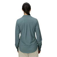 Women's long sleeve button-up sun shirt in sage green, back view showing collar and fit