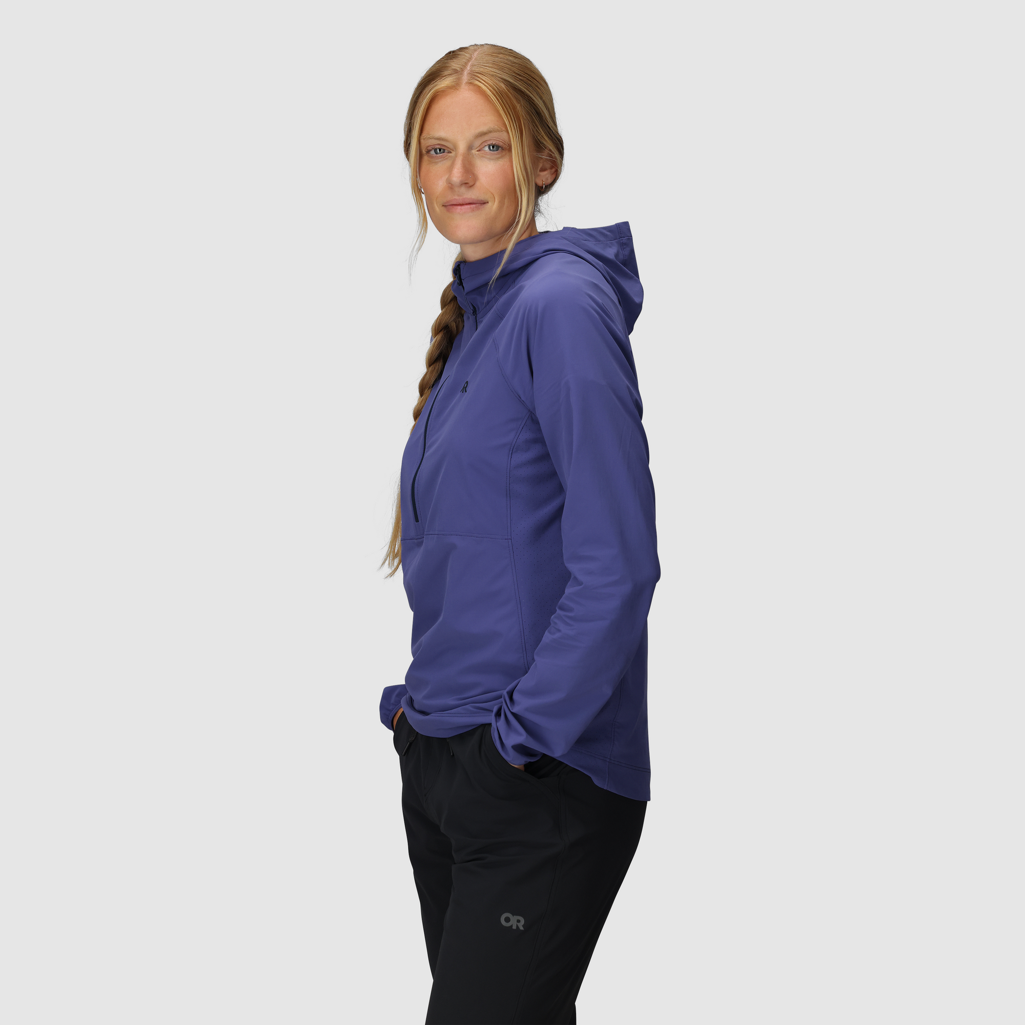 Women's pullover sun hoodie in slate blue, side view, with kangaroo pocket