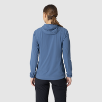 Women's long-sleeve hooded sun hoodie in slate blue, back view showing hood and slim fit