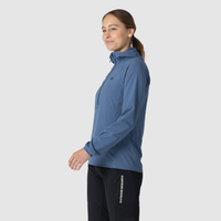 Women's sun hoodie in slate blue with hood, quarter-zip, and side pockets, side view