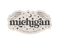 Oval sticker with decorative hands, moon, stars and text on cream background