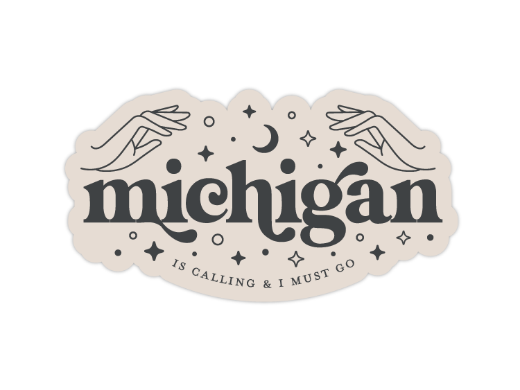 Oval sticker with decorative hands, moon, stars and text on cream background