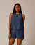 Sleeveless linen tank top and matching shorts set in medium blue chambray