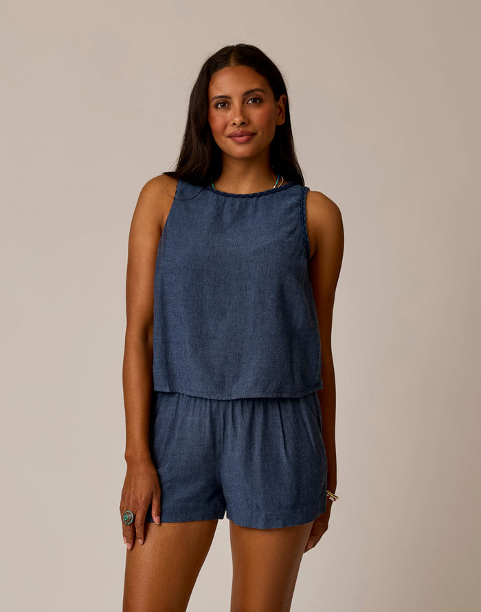 Sleeveless linen tank top and matching shorts set in medium blue chambray