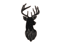 Black deer head silhouette sticker with antlers, dotted pattern and tree design at bottom