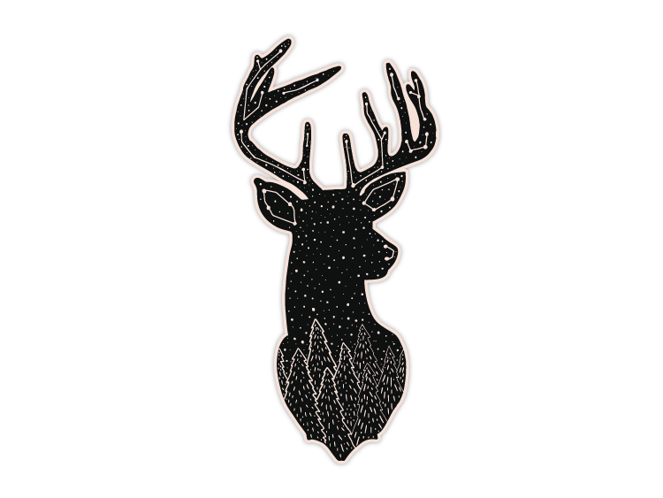 Black deer head silhouette sticker with antlers, dotted pattern and tree design at bottom