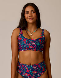 Women's compression sports bra and high-waisted bikini bottom with colorful floral print