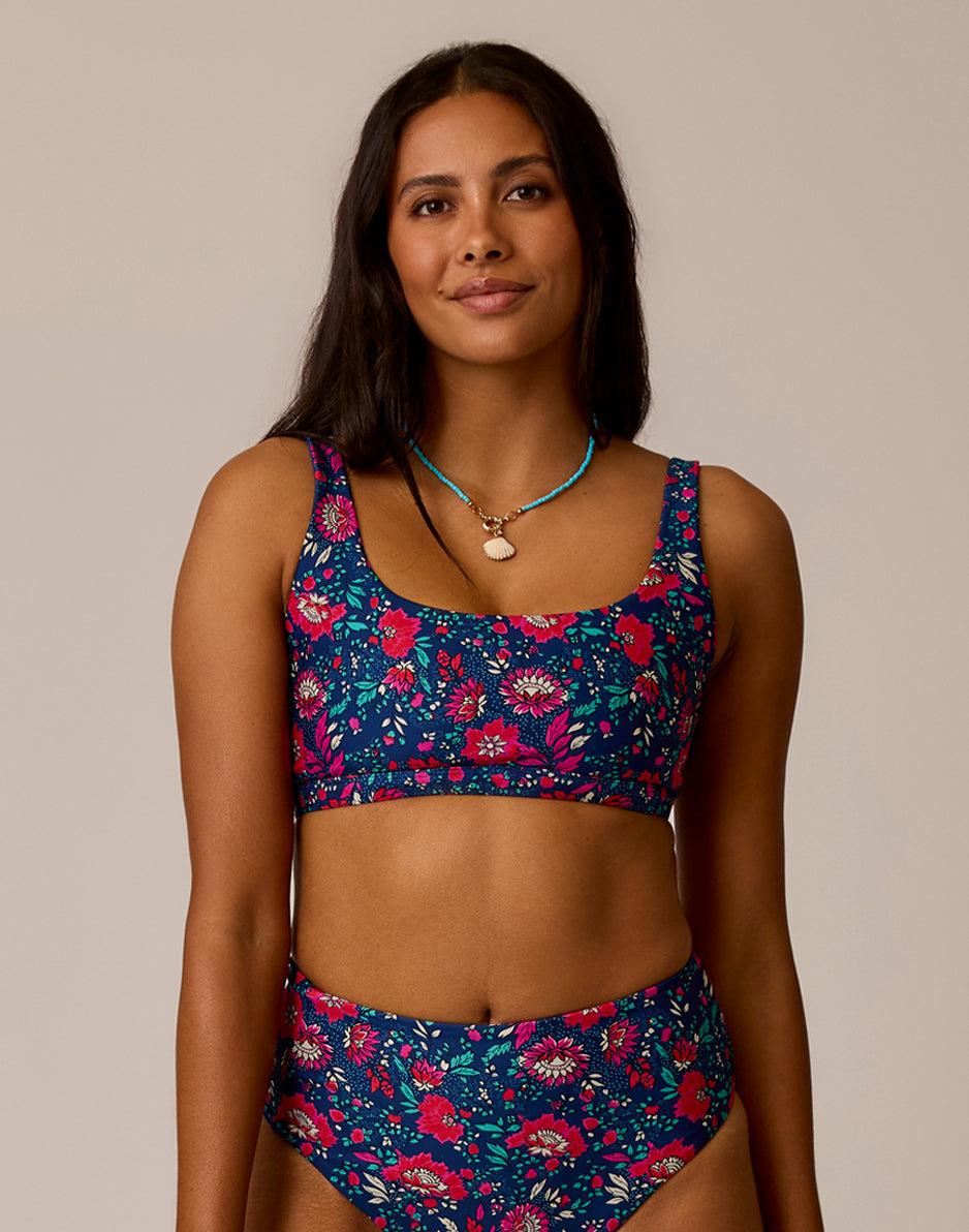 Women's compression sports bra and high-waisted bikini bottom with colorful floral print