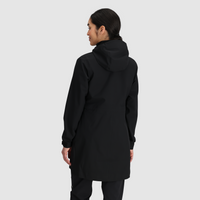 Women's black hooded trench coat with long length, rear view on model
