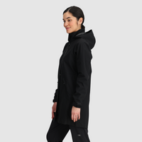 Women's long black hooded rain trench coat with zip front, side view