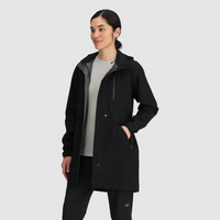 Black long hooded rain trench coat with chest zip pocket, worn open, front angle view