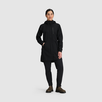 Women's long black hooded trench coat with front pockets, full-length front view