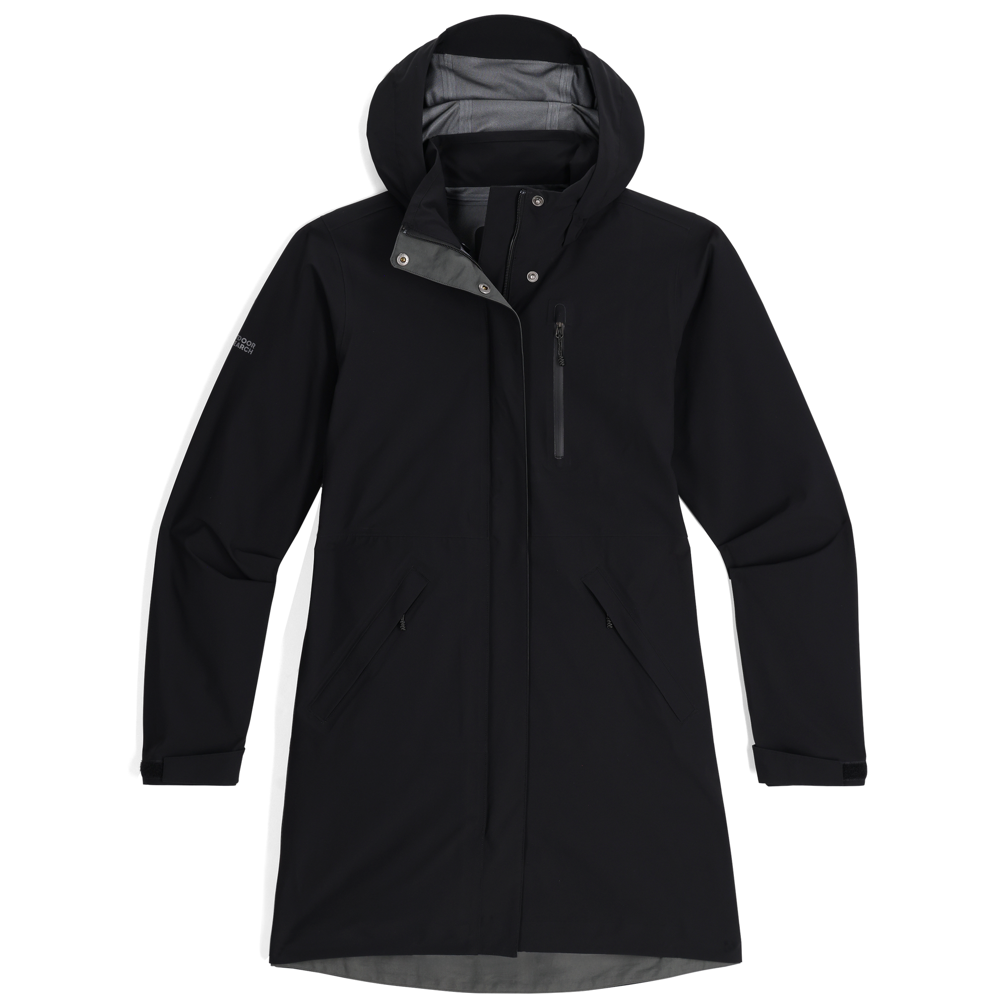 Black long hooded trench coat with front zip, snap collar, and side pockets, front view