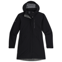 Black long hooded trench coat with front zip, snap collar, and side pockets, front view