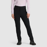 Women's black fleece-lined slim-fit pants, front view, worn with hiking shoes