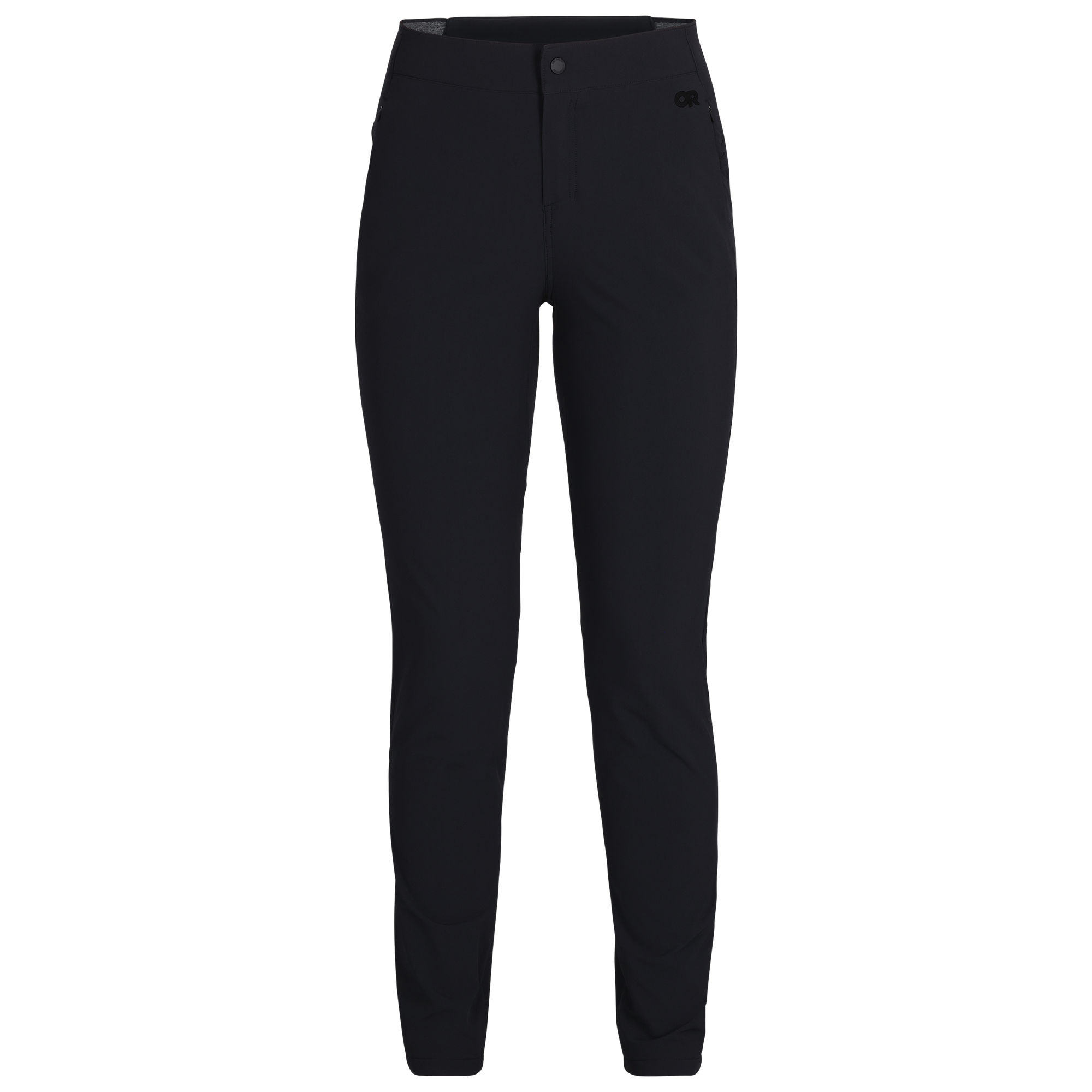 Black slim-fit fleece-lined pants with button closure and side pockets, front view