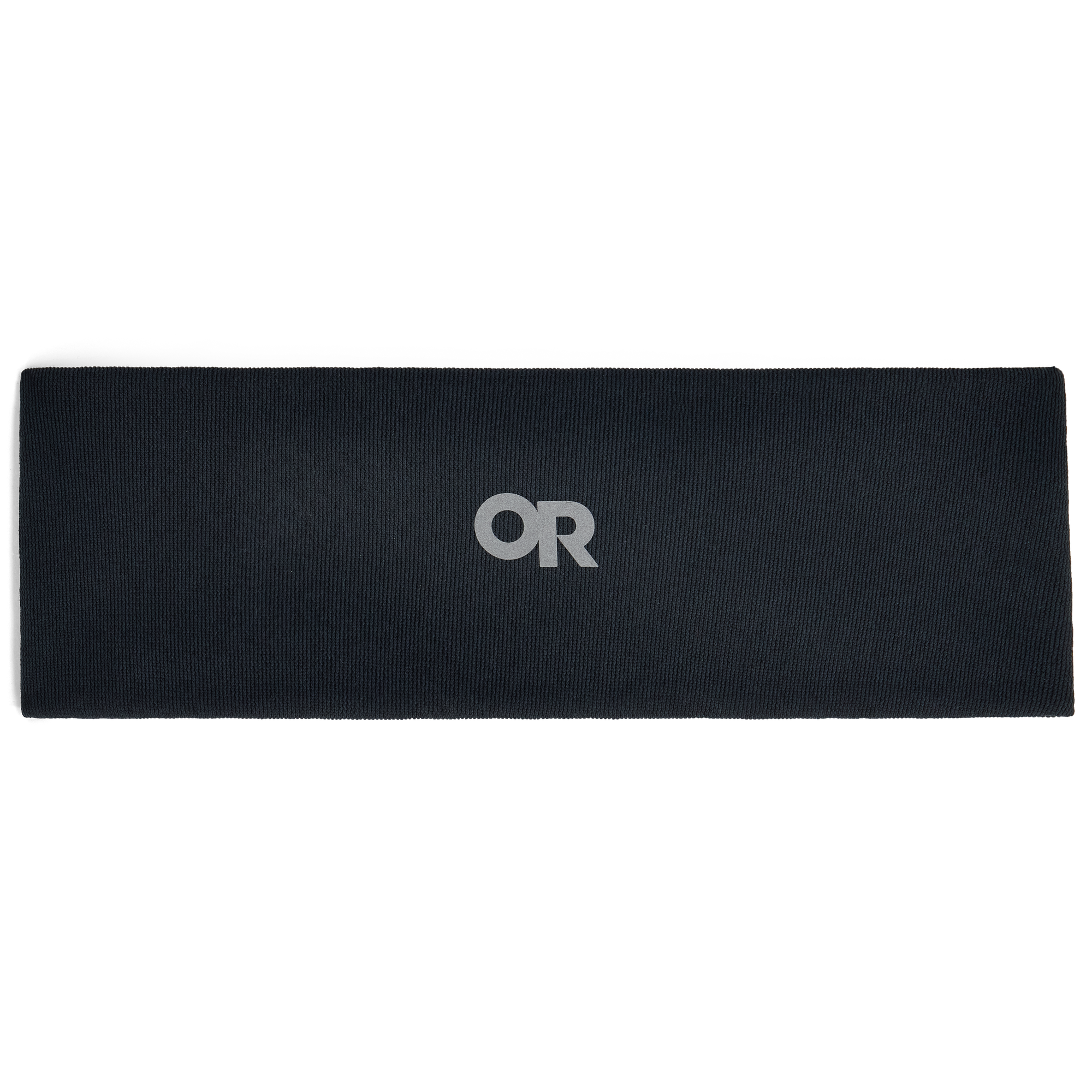 Black fleece headband laid flat, showing logo and ribbed texture, front view