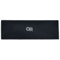 Black fleece headband laid flat, showing logo and ribbed texture, front view