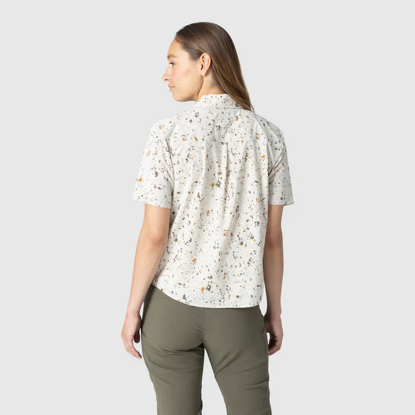 Women's short sleeve button-up shirt with speckled print pattern, shown from back view