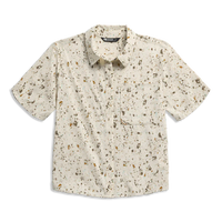 Short sleeve button-up shirt with speckled print pattern, front view with chest pocket