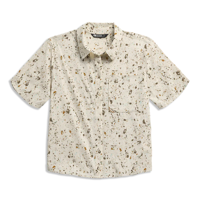 Short sleeve button-up shirt with speckled print pattern, front view with chest pocket