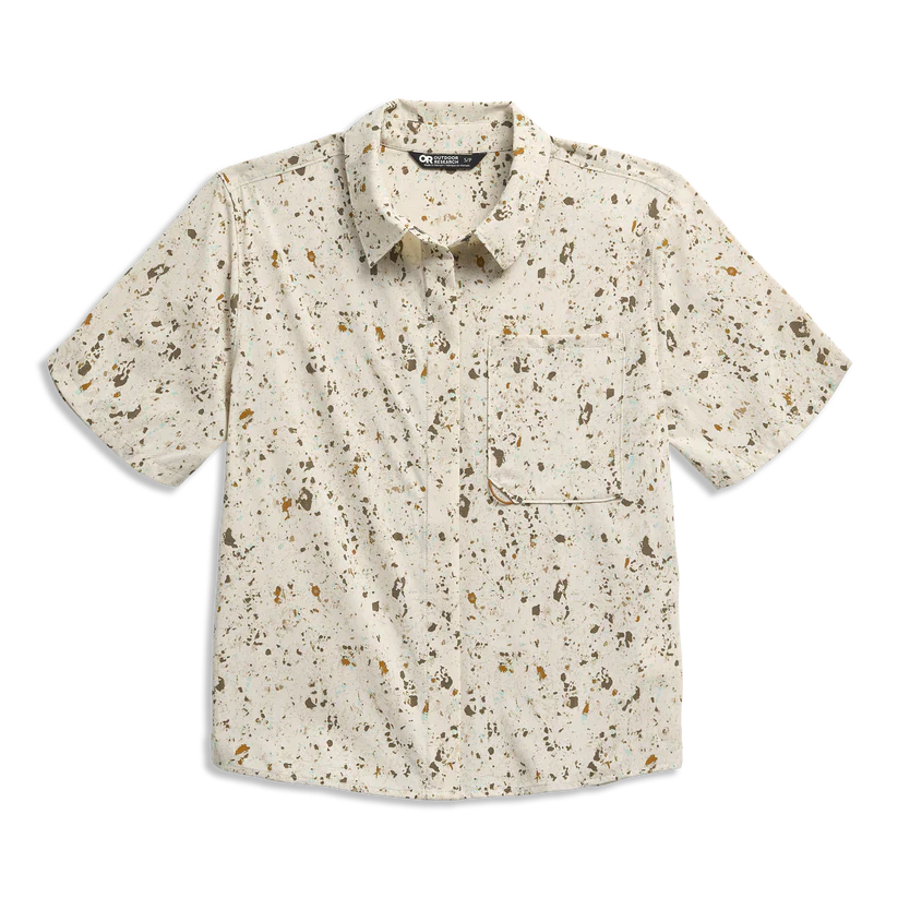 Short sleeve button-up shirt with speckled print pattern, front view with chest pocket
