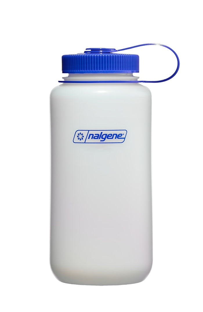 Wide-mouth plastic water bottle with blue screw cap and loop handle, front view