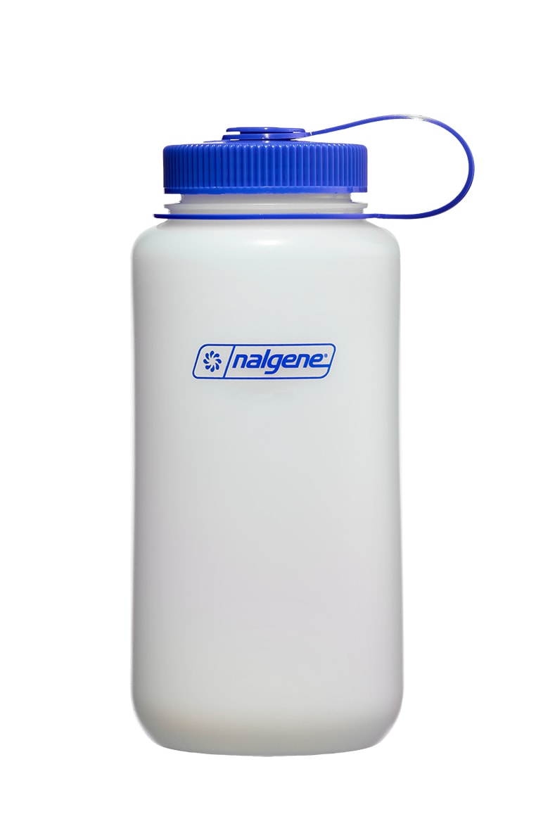 Wide-mouth plastic water bottle with blue screw cap and loop handle, front view
