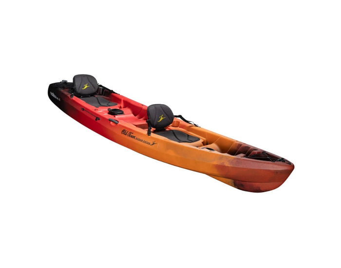 Tandem kayak with red-orange gradient finish, two padded seats, and storage compartments