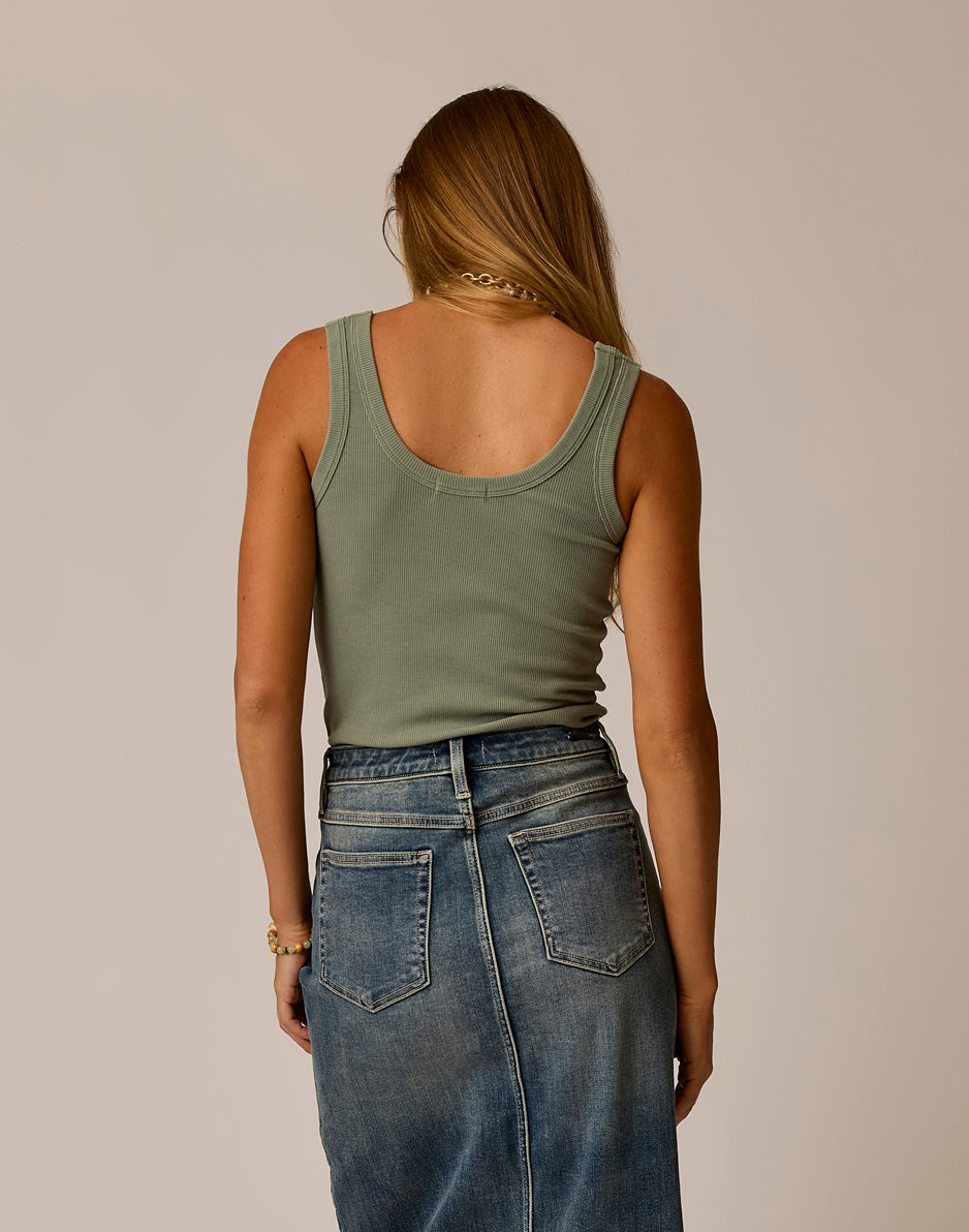 Sage green ribbed tank top shown from back, fitted style with scoop neckline