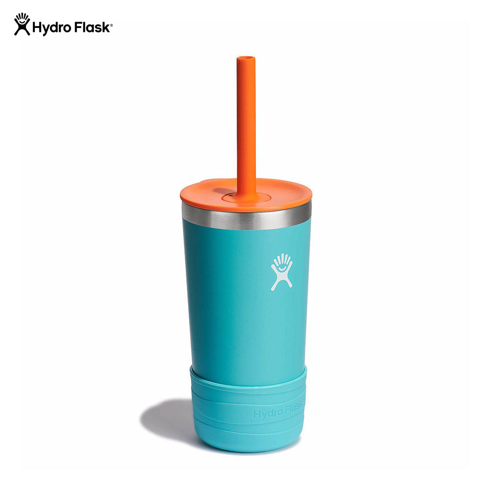 12oz insulated kids tumbler with orange straw lid and protective boot, front view
