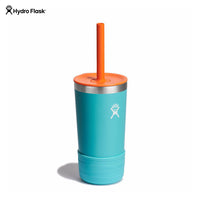 12oz insulated kids tumbler with orange straw lid and protective boot, front view
