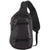 Black sling bag with single shoulder strap, front zipper pocket, and buckle straps, angled view