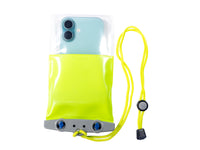 Waterproof phone case with bright yellow pouch, clear window, and adjustable neck lanyard