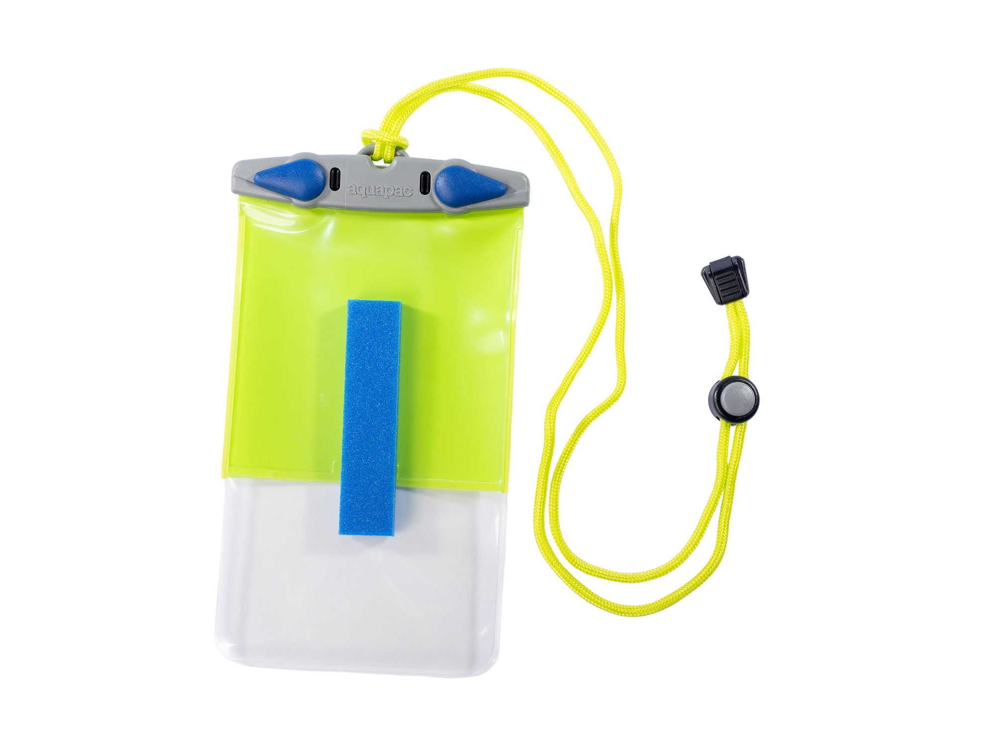 Waterproof phone case with bright green body, clear window, and yellow lanyard cord