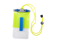 Waterproof phone case with bright green body, clear window, and yellow lanyard cord